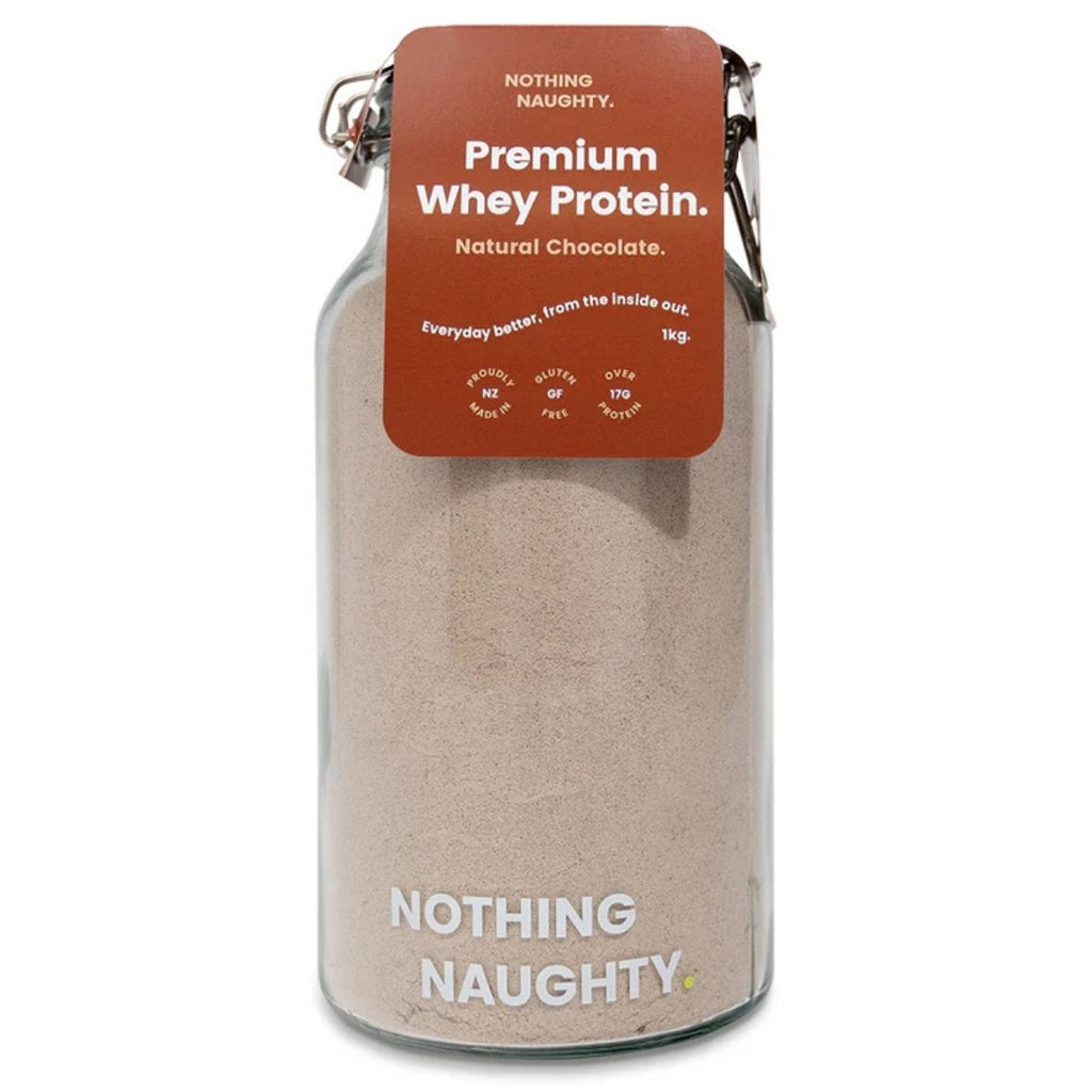 Whey protein container with a brown label on a white background