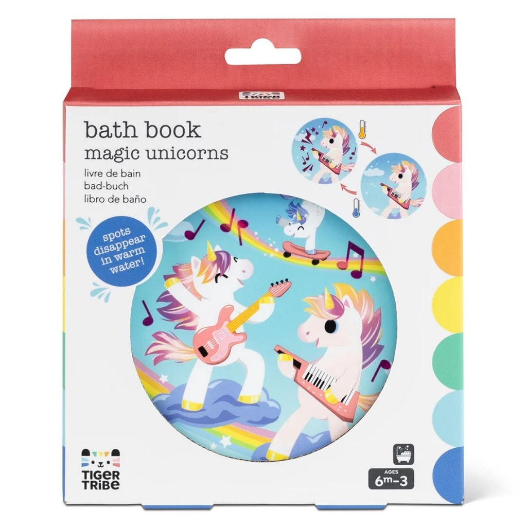 Bath book packaging with unicorns and Tiger Tribe branding