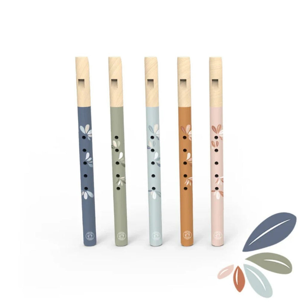 five wooden flutes in different colors on a white background