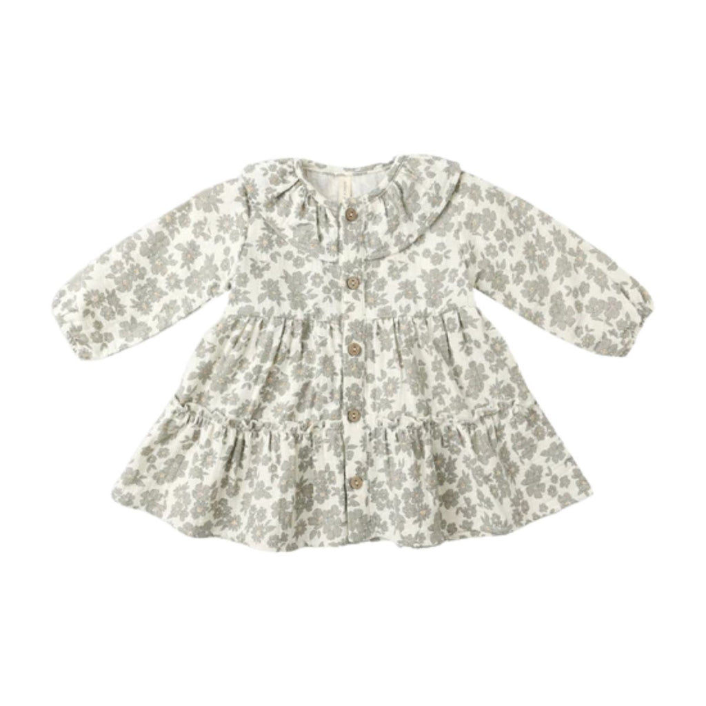 Floral dress with buttons on a white background