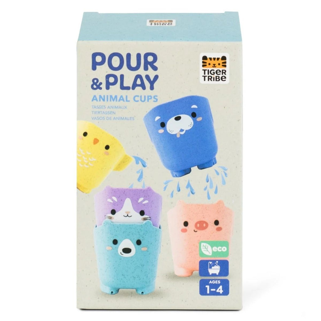 Box of 'Pour & Play' animal cups by Tiger Tribe with colorful animal illustrations on a light background.