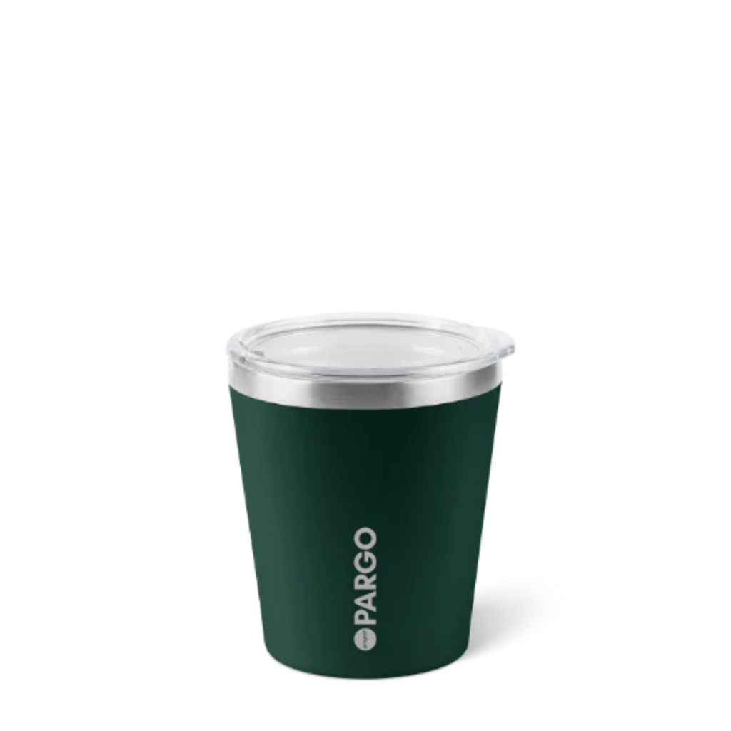 Green tumbler with silver lid on a white background