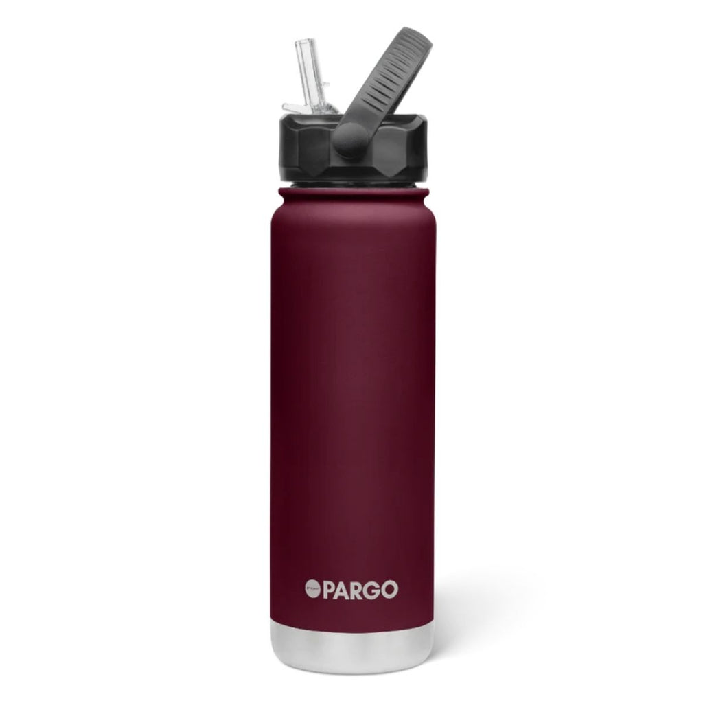Maroon water bottle with straw lid on a white background
