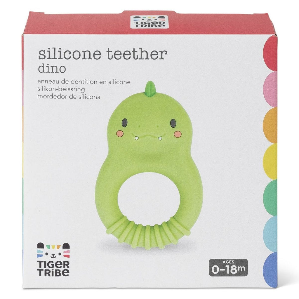 Silicone teether dino packaging with Tiger Tribe branding