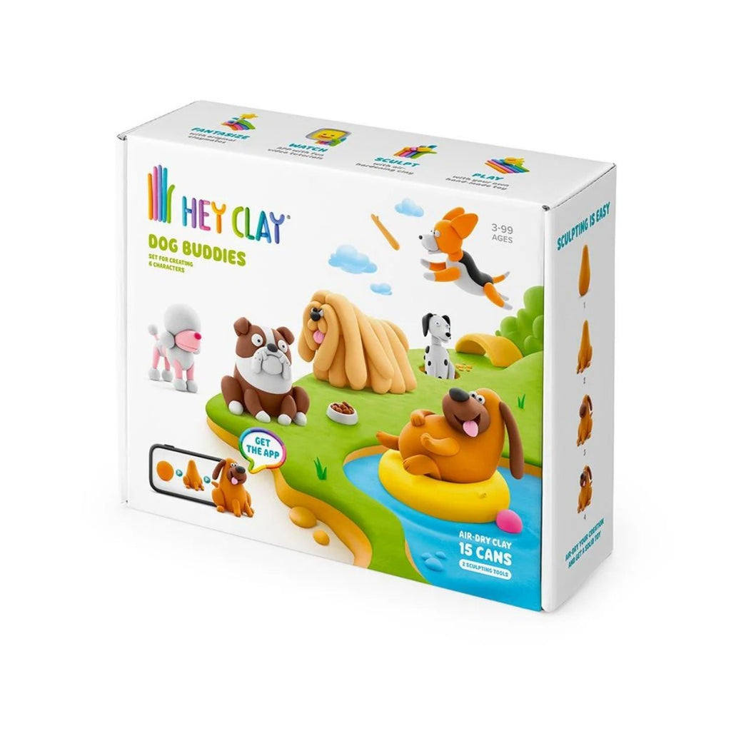 Box of Hey Clay Dog Buddies toy set with dog figures on a white background