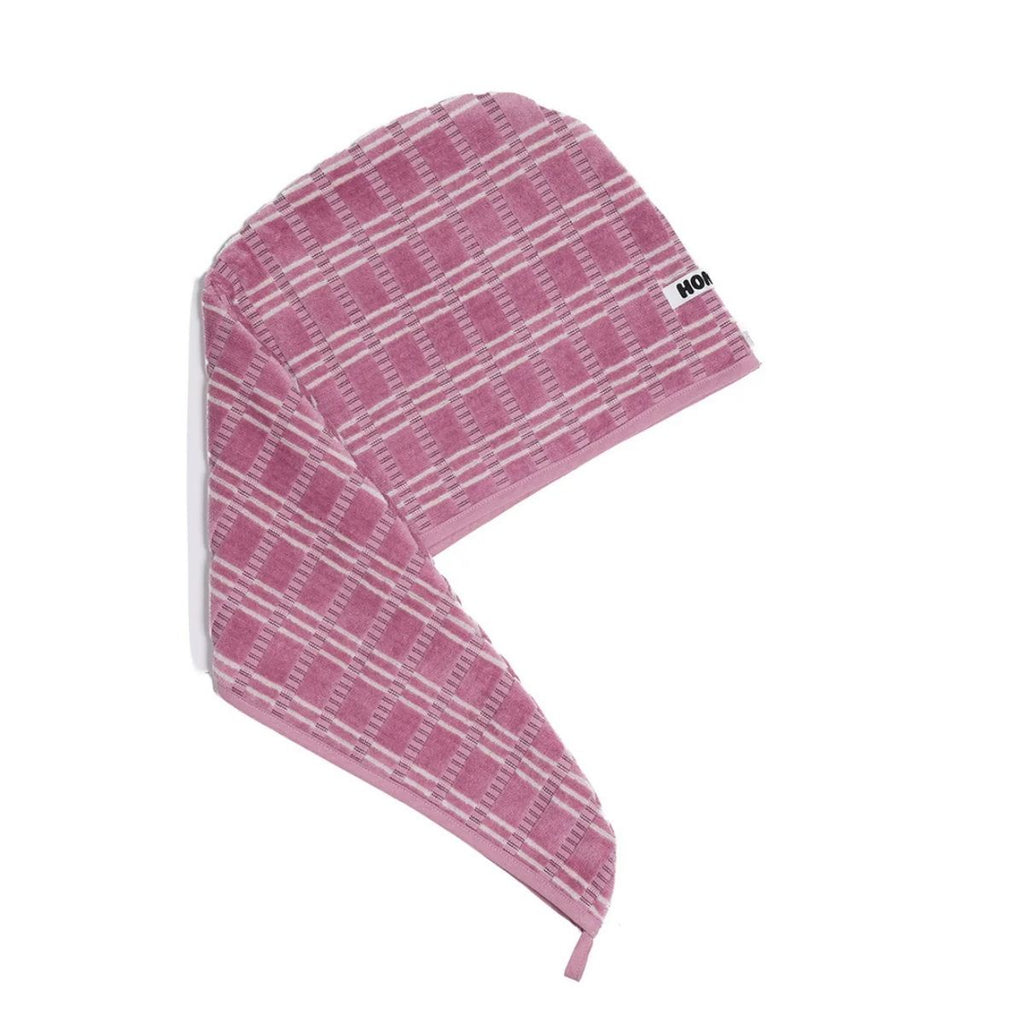 Pink plaid hair wrap  with white stripes on a white background