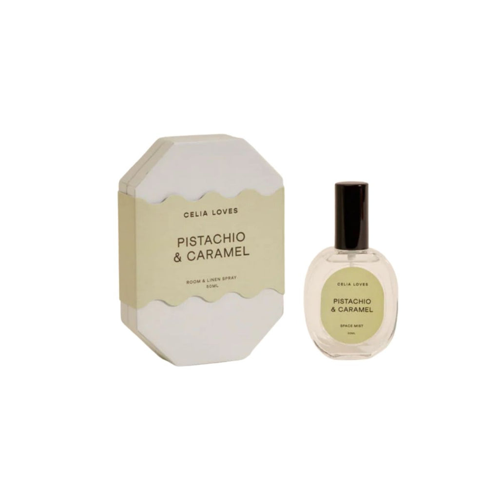Celia Loves Pistachio & Caramel room and body spray packaging on a white background