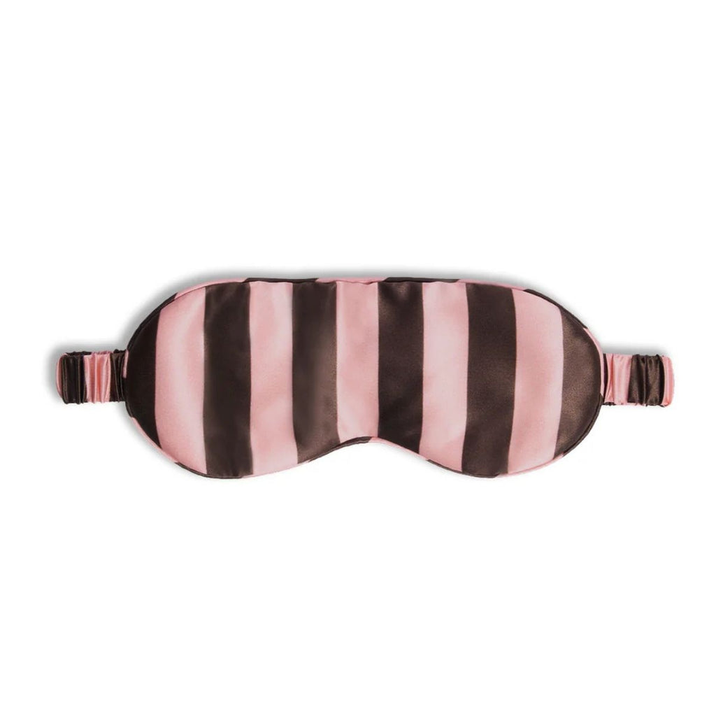 Striped sleep mask with pink and brown stripes on a white background