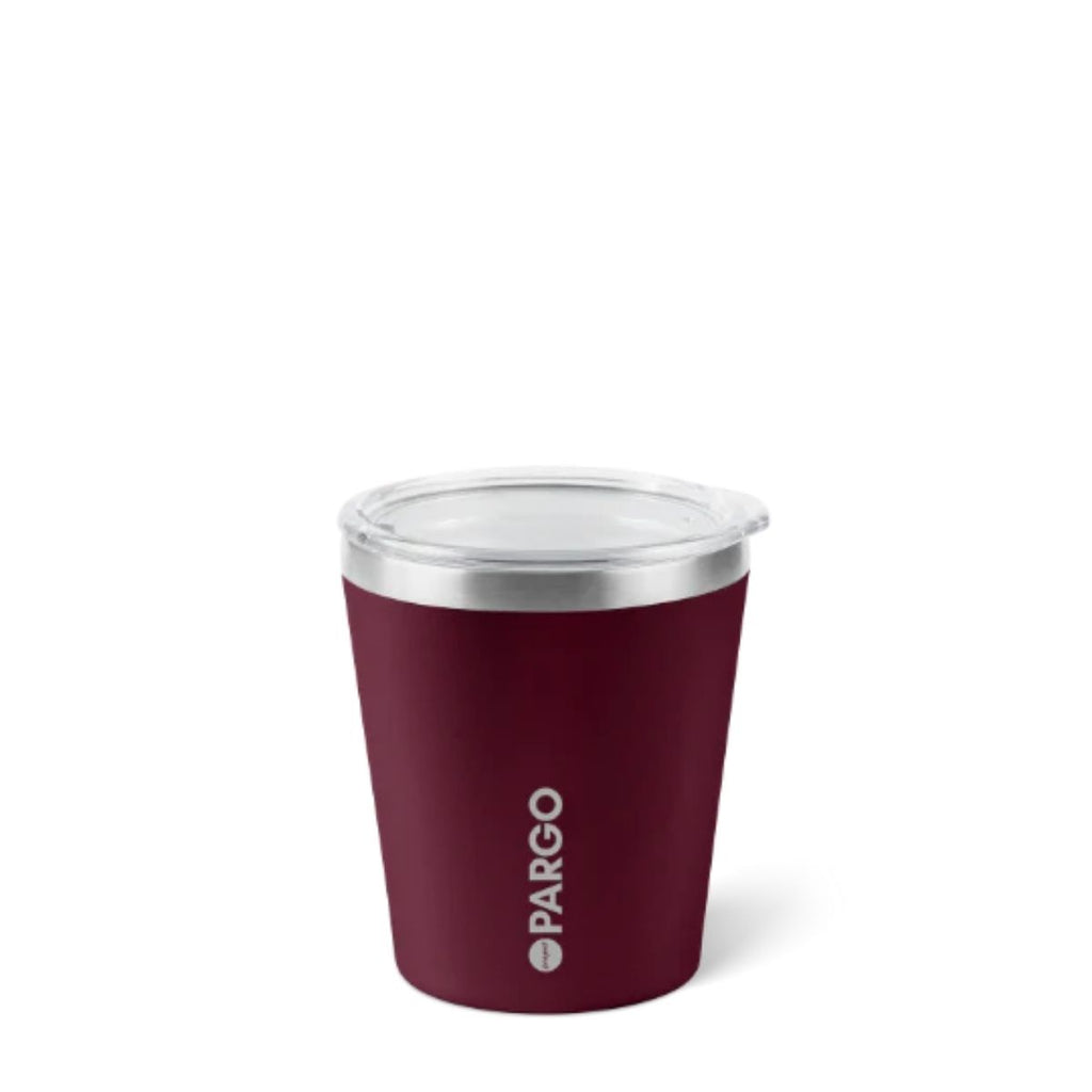 Maroon tumbler with silver lid on a white background