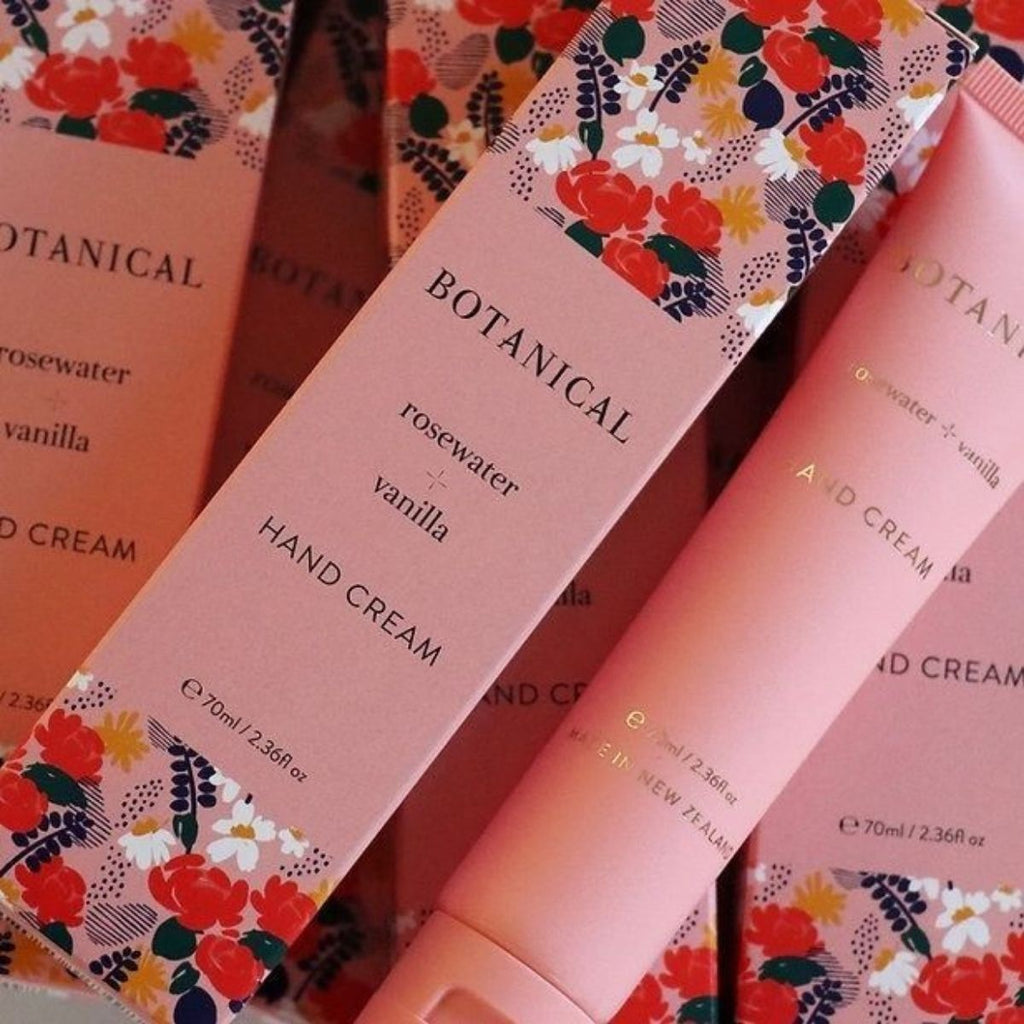 Botanical hand cream with floral packaging on a matching background