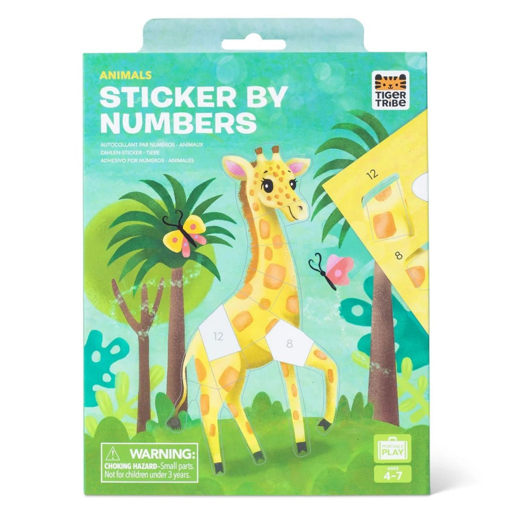 Packaging of 'Sticker by Numbers' animal stickers with a giraffe illustration on a colorful background.