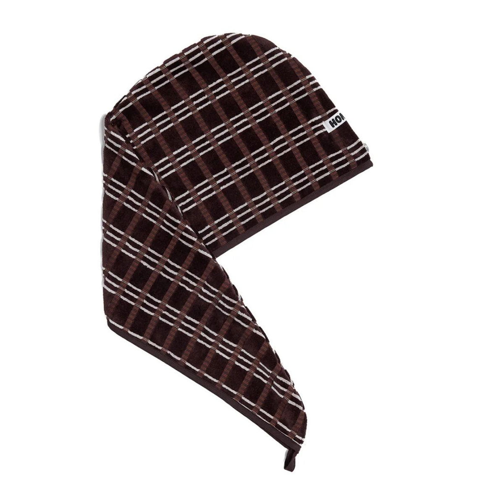 Plaid patterned hari wrap with a brand logo on a white background