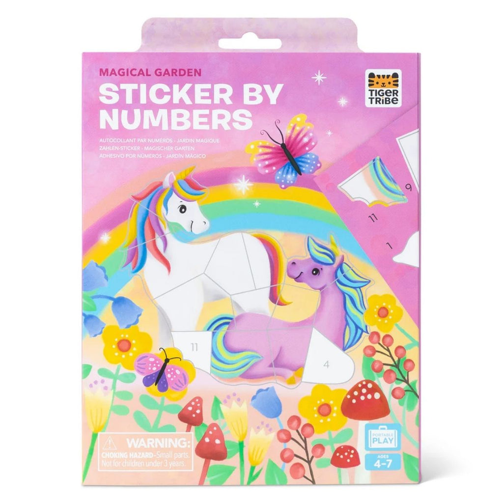 Sticker by numbers kit packaging with unicorns, rainbows, and flowers on a pink background.