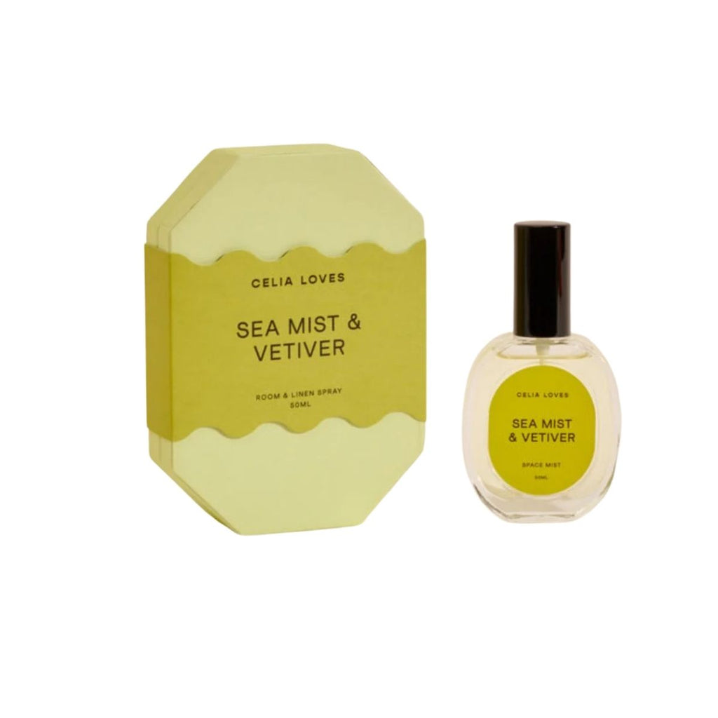 Celia Loves Sea Mist & Vetiver room spray and bottle on a white background
