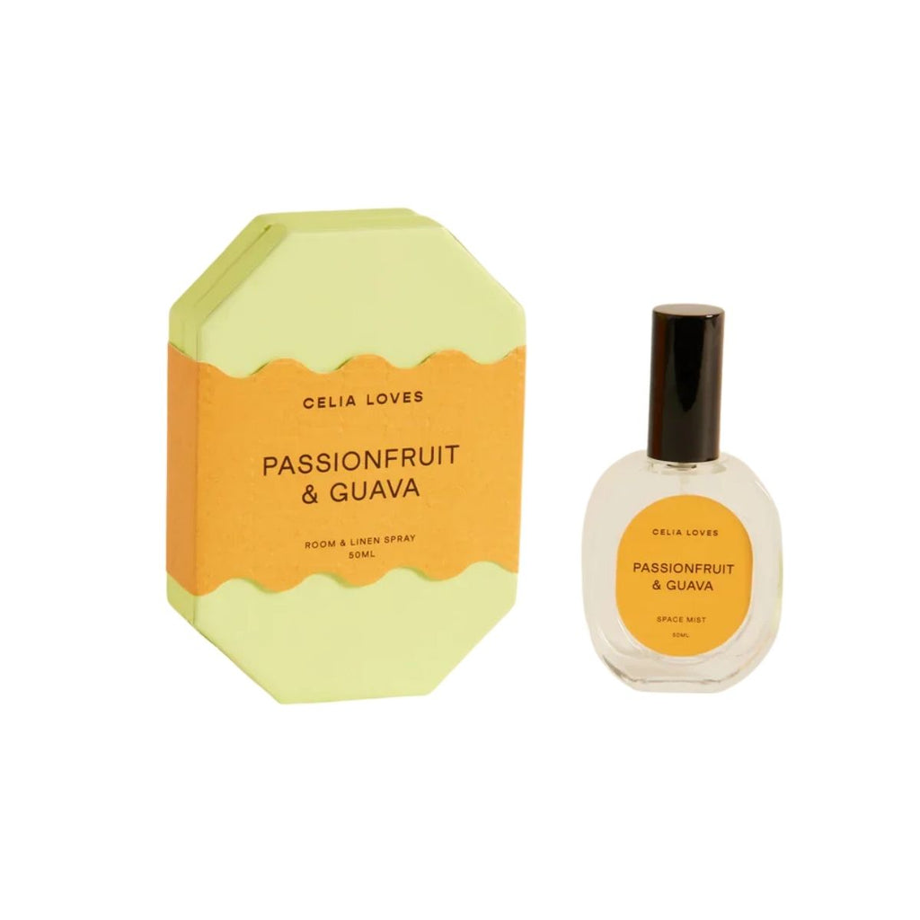Celia Loves Passionfruit & Guava room spray bottle and packaging on a white background