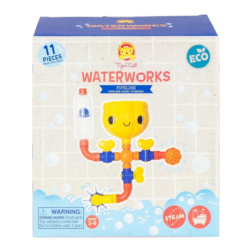 Box of Tiger Tribe Waterworks Pipeline toy with colorful design and branding.