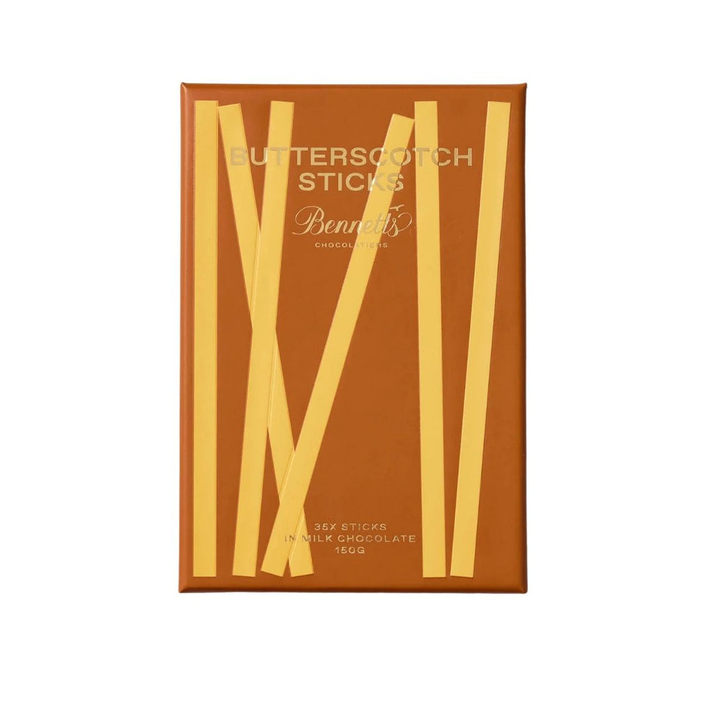 Box of Butterscotch Sticks with Bennett's Chocolates branding on a white background