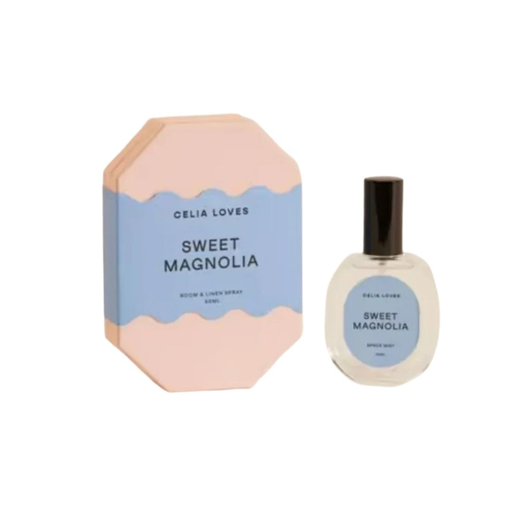Celia Loves Sweet Magnolia room & linen spray and bottle on a white background