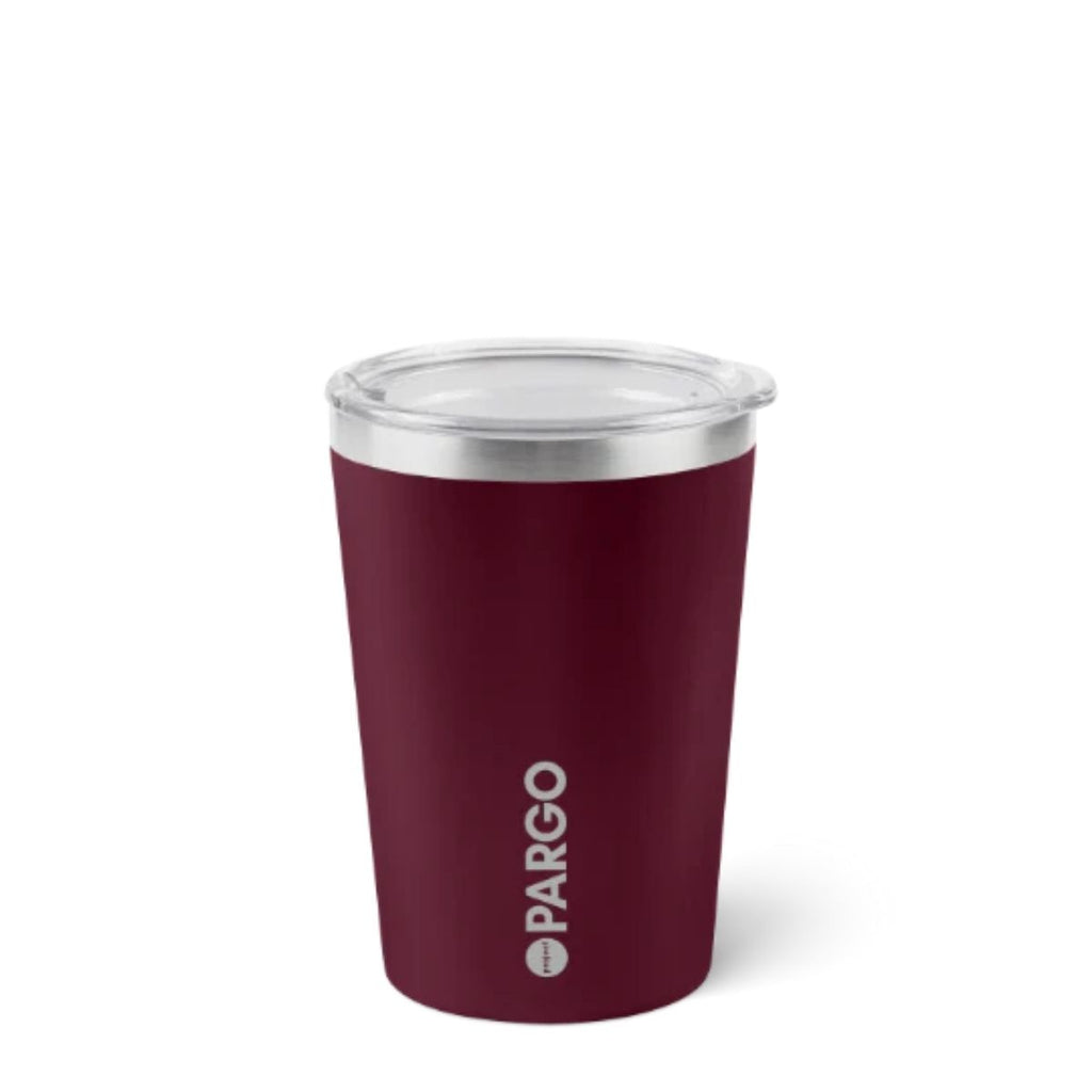 Maroon tumbler with silver lid on a white background