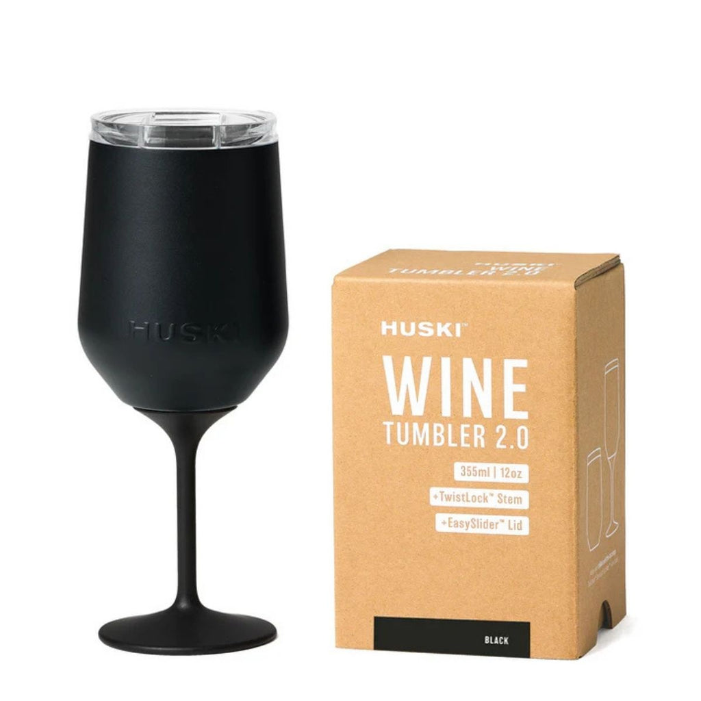 Black wine tumbler with Huski packaging on a white background