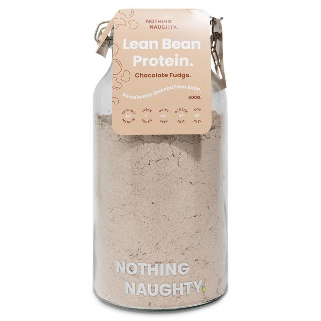 Jar of Lean Bean Protein with a 'Nothing Naughty' label on a white background