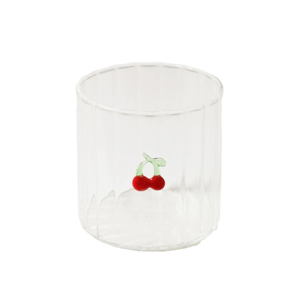 Clear glass container with a cherry design on a white background