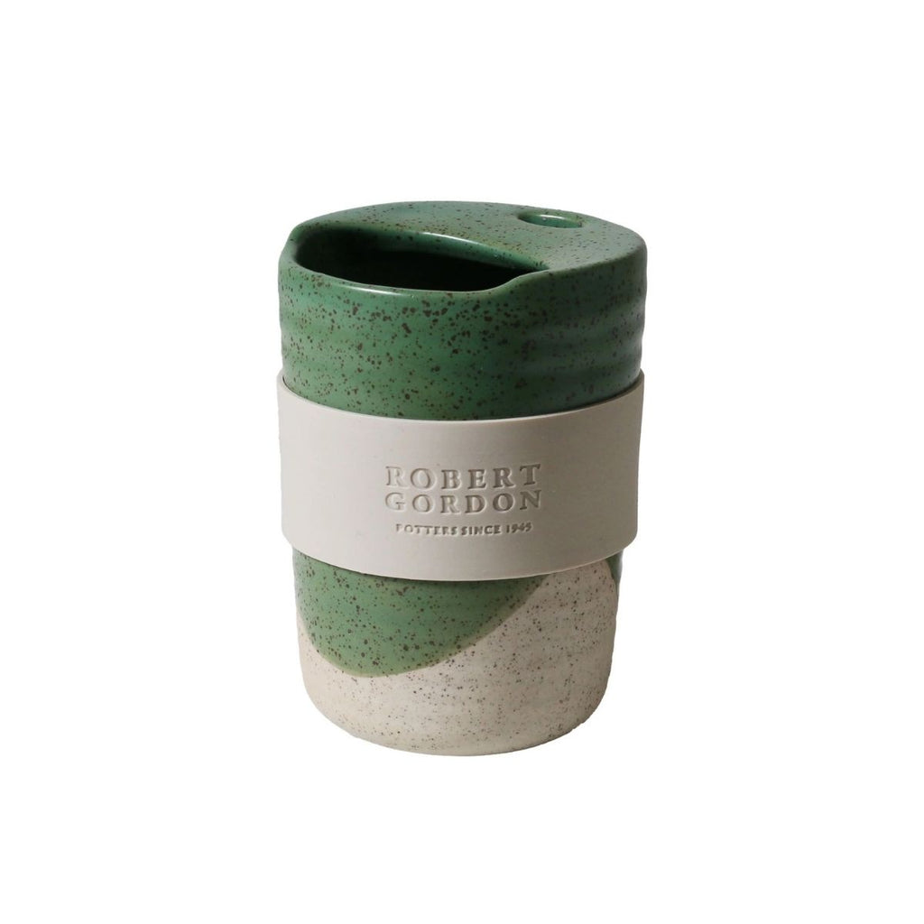 Green and beige ceramic mug with a white band featuring 'Robert Gordon' branding on a white background.