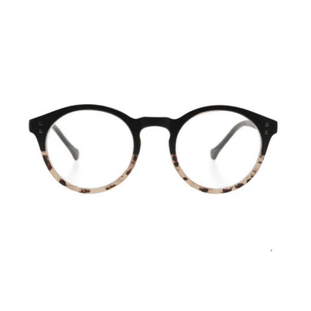 Black round eyeglasses with a tortoiseshell pattern on a white background