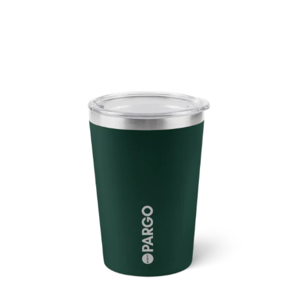 Green tumbler with silver lid on a white background