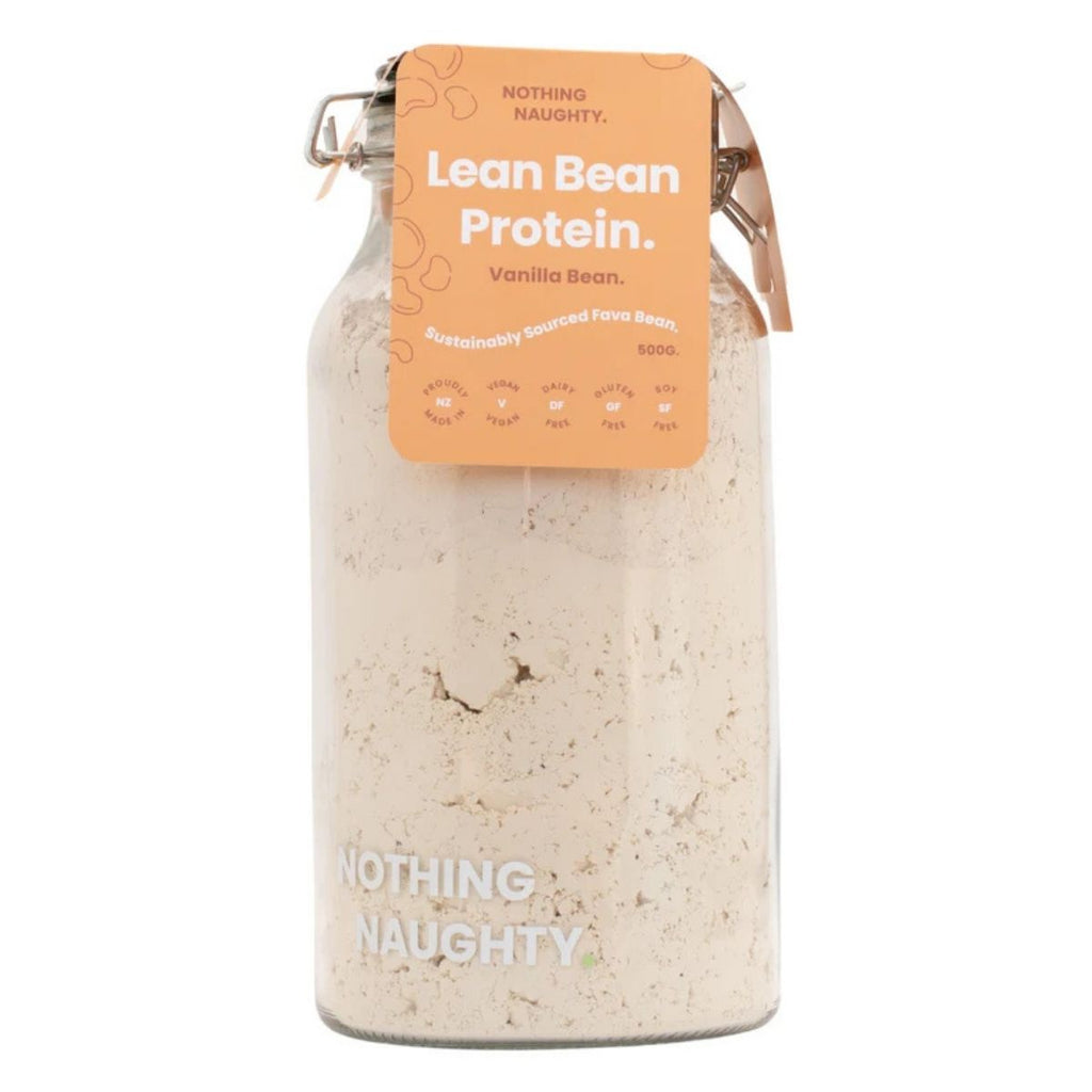 Lean Bean Protein container with a label on a white background