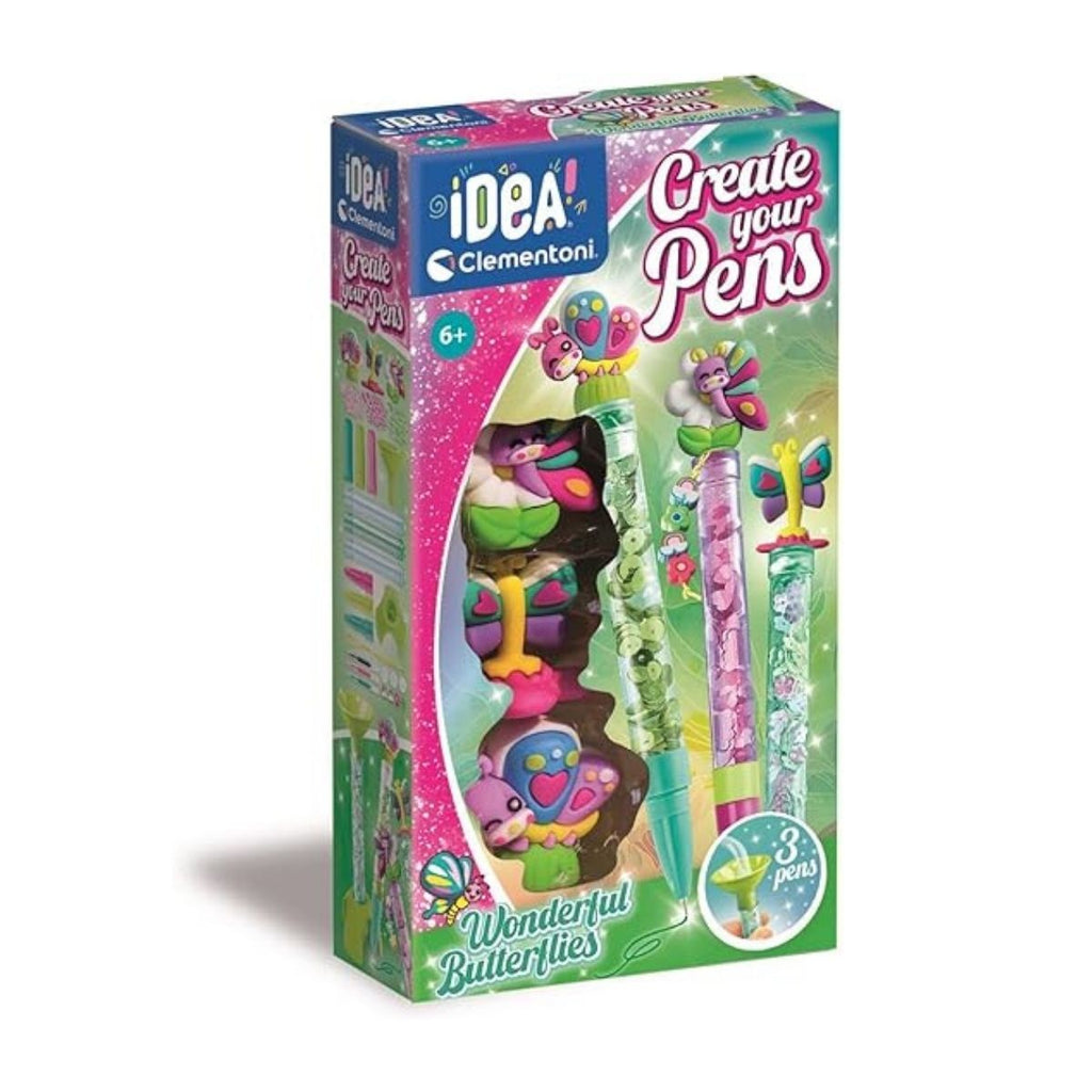 Box of Idea Clementoni Create Your Pens with butterfly design on a white background
