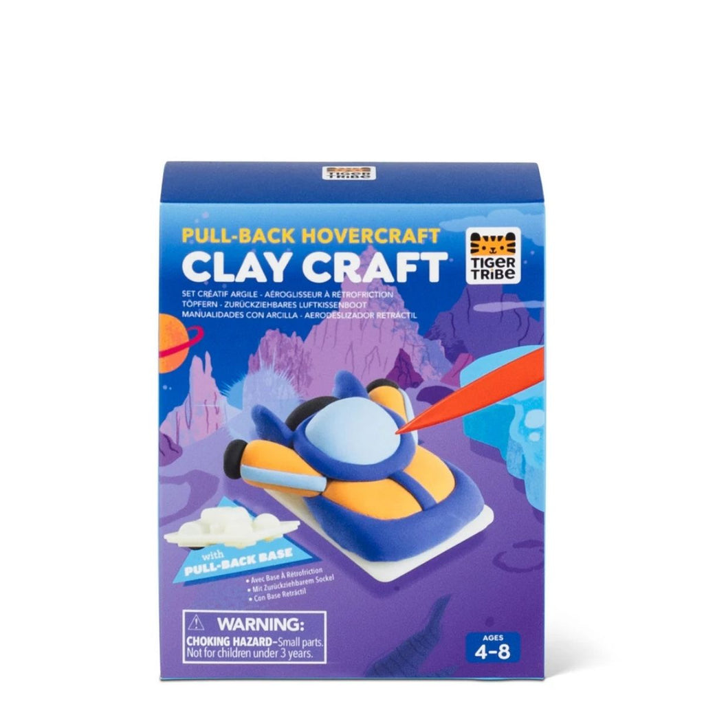 Clay craft kit packaging with pull-back hovercraft design on a white background