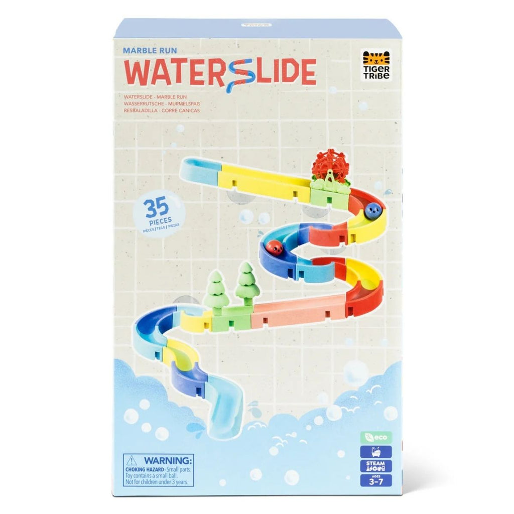 Marble run Waterslide toy packaging with colorful tracks on a beige background