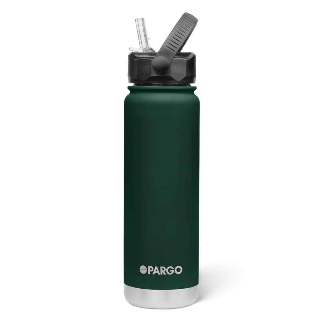 Green water bottle with straw lid on a white background