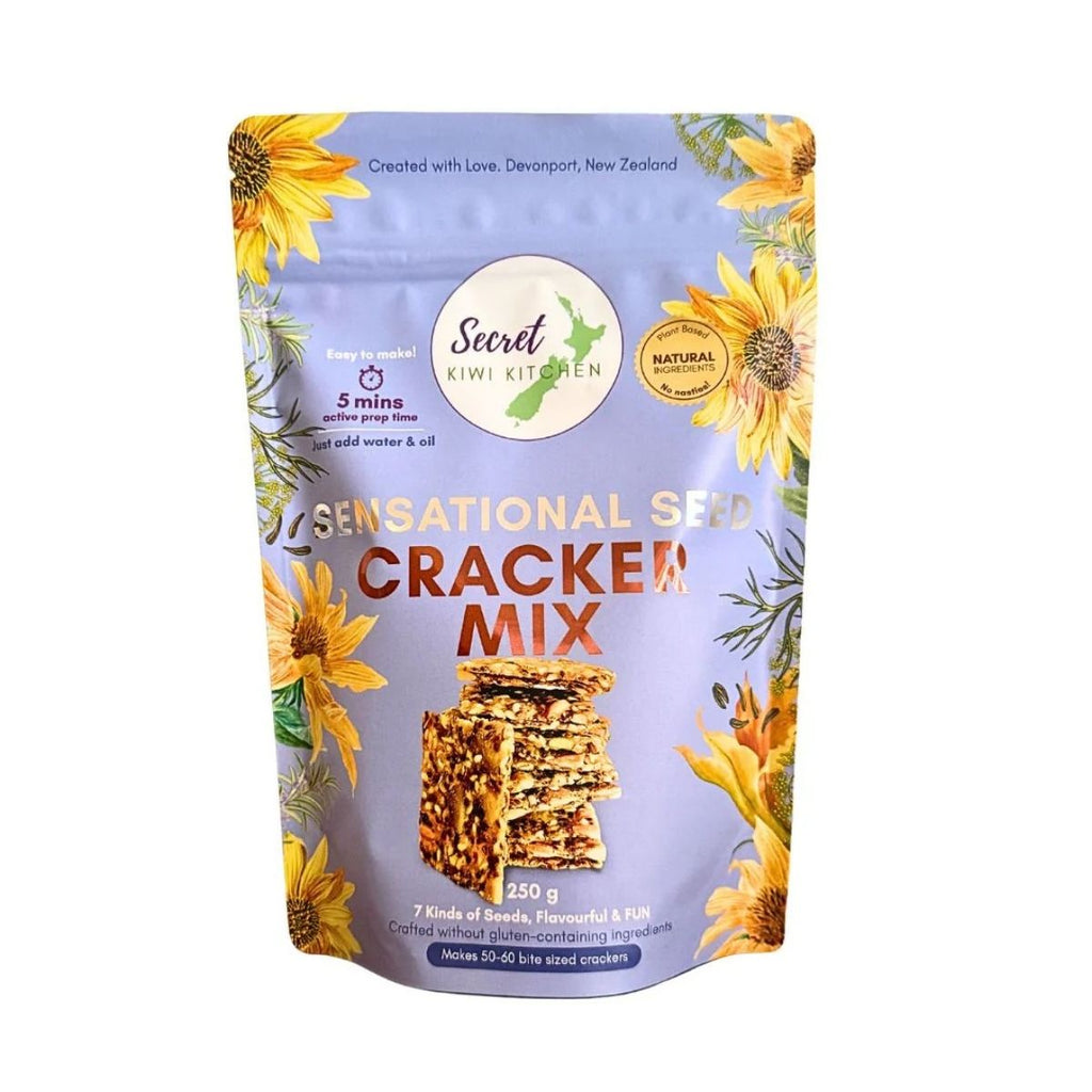 Package of Secret Kiwi Kitchen Sensational Seed Cracker Mix with sunflower design on a white background