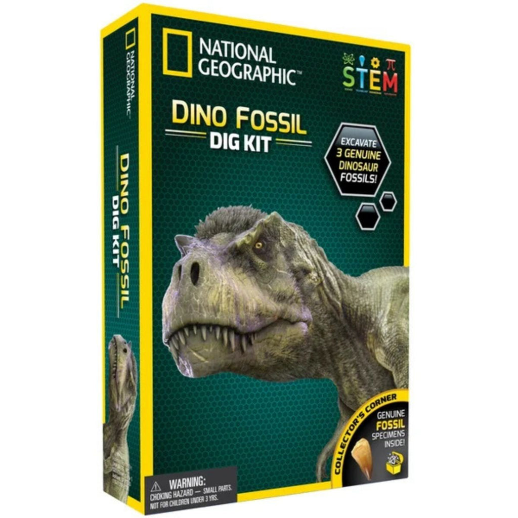 National Geographic Dino Fossil Dig Kit packaging with a dinosaur illustration on a white background