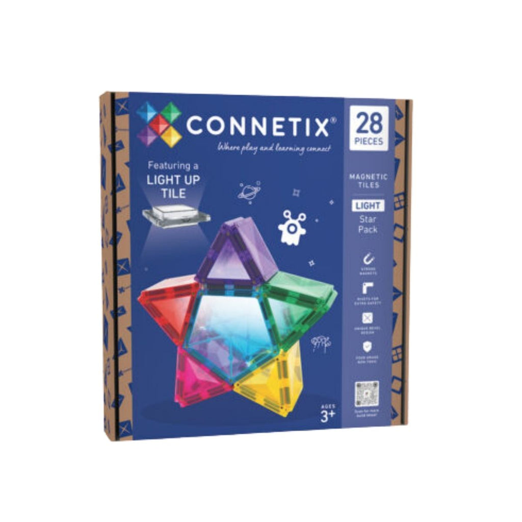 Connetix magnetic tiles packaging with colorful tiles on a white background