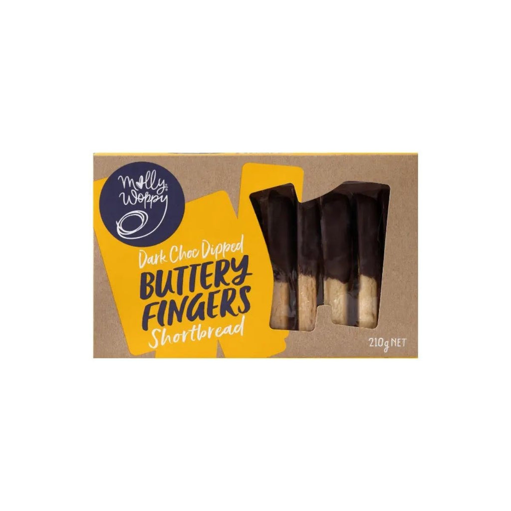 Packaged dark chocolate-dipped buttery fingers shortbread with 'Molly's Woppy' branding on a white background.