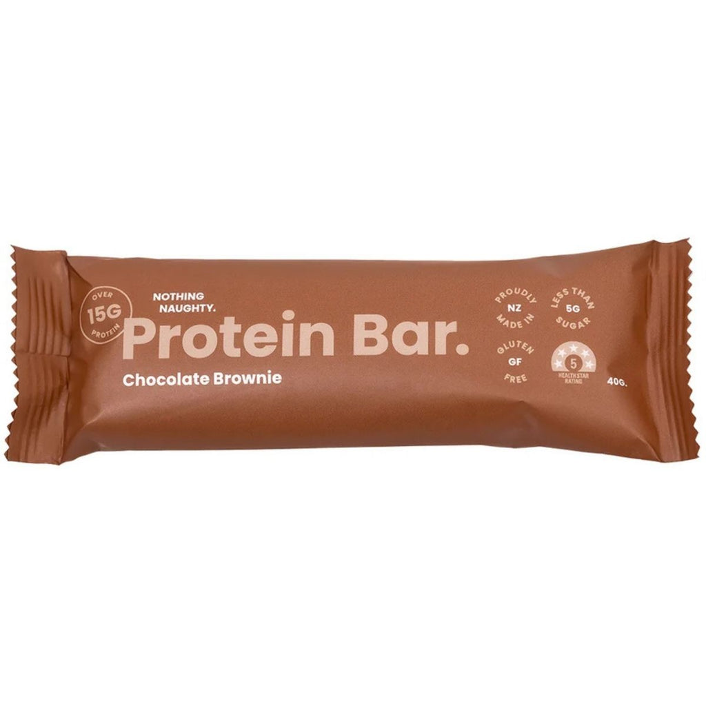 Chocolate brownie protein bar packaging on a white background