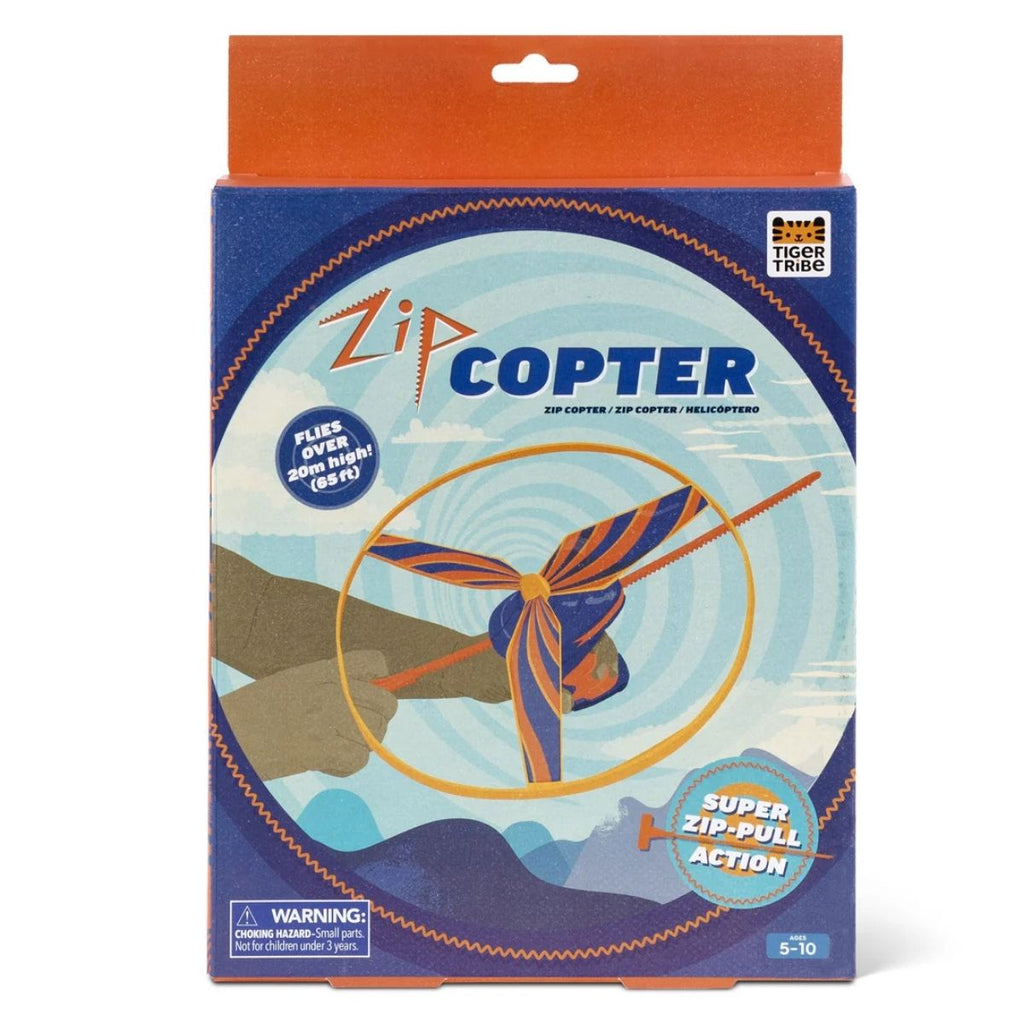 Zip Copter toy packaging with blue and orange design on a white background