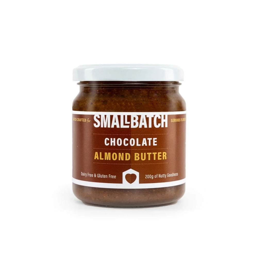 Jar of Smallbatch Chocolate Almond Butter on a white background