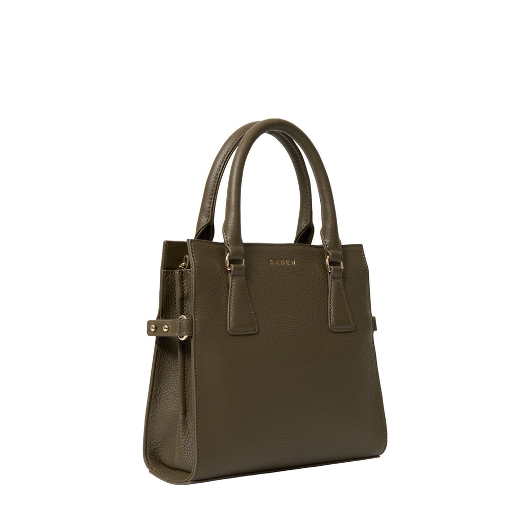 A green leather handbag with short handles against a white background