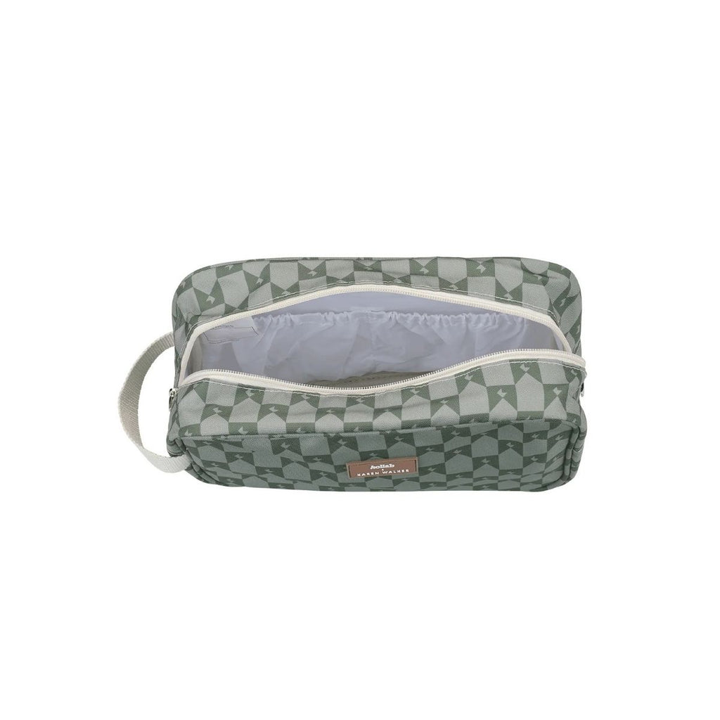 Green toiletry bag with geometric pattern on a white background