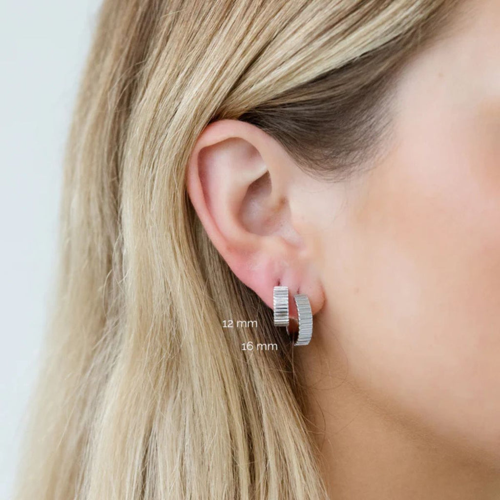 Silver hoop earrings worn by a person with blonde hair, showing ear and part of face.