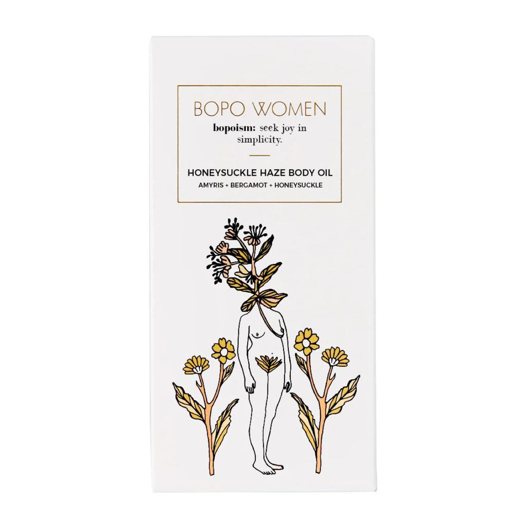 BOPO Women Honeysuckle Haze Body Oil packaging with botanical design on a white background