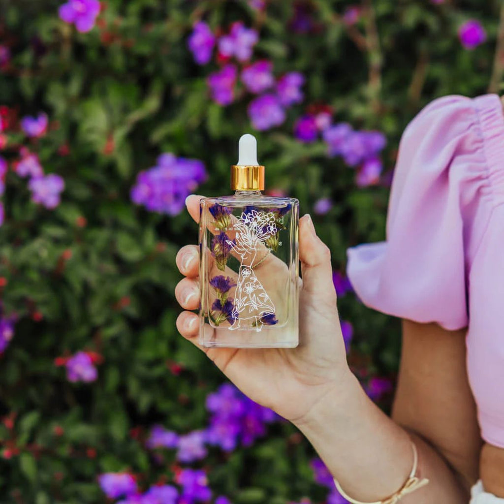 Hand holding a transparent bottle with floral elements against a blurred floral background