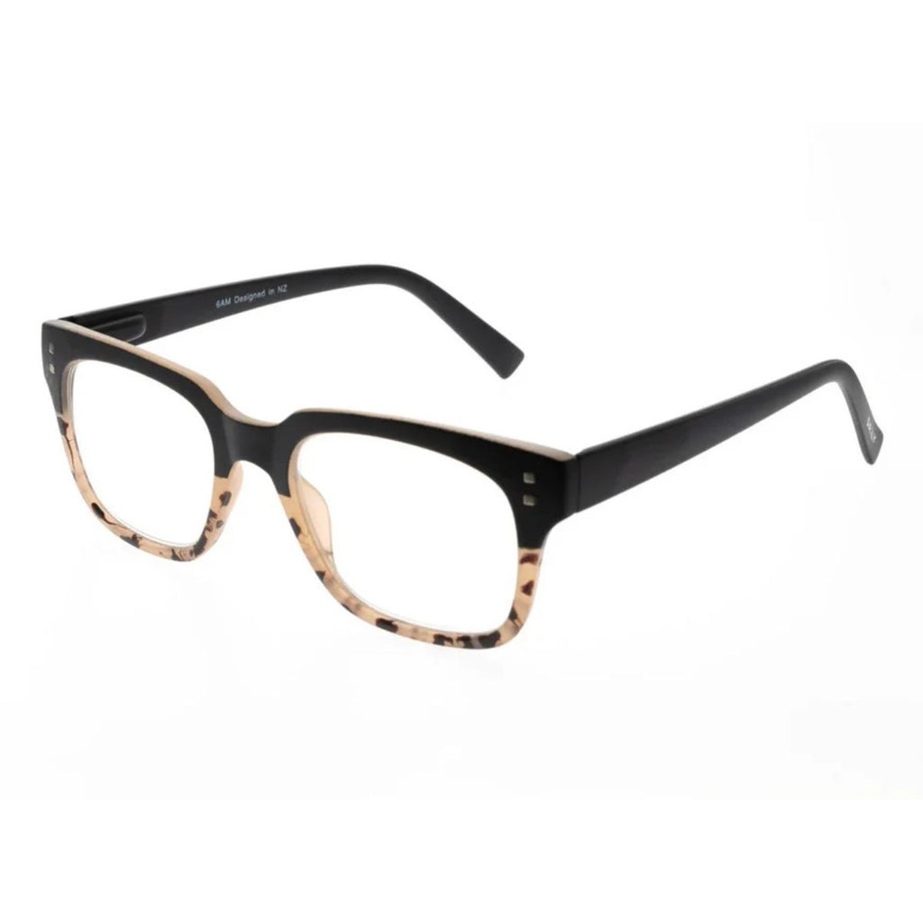 Black and tortoiseshell eyeglasses on a white background