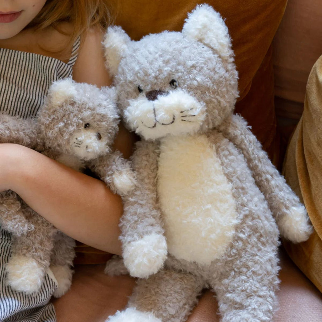 Two fluffy teddy cats held by a person on a brown couch.