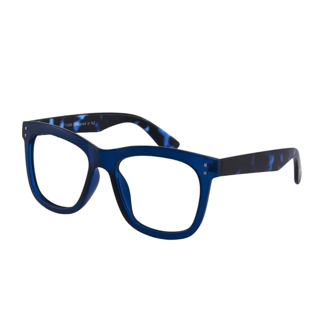 Blue eyeglasses on a white background