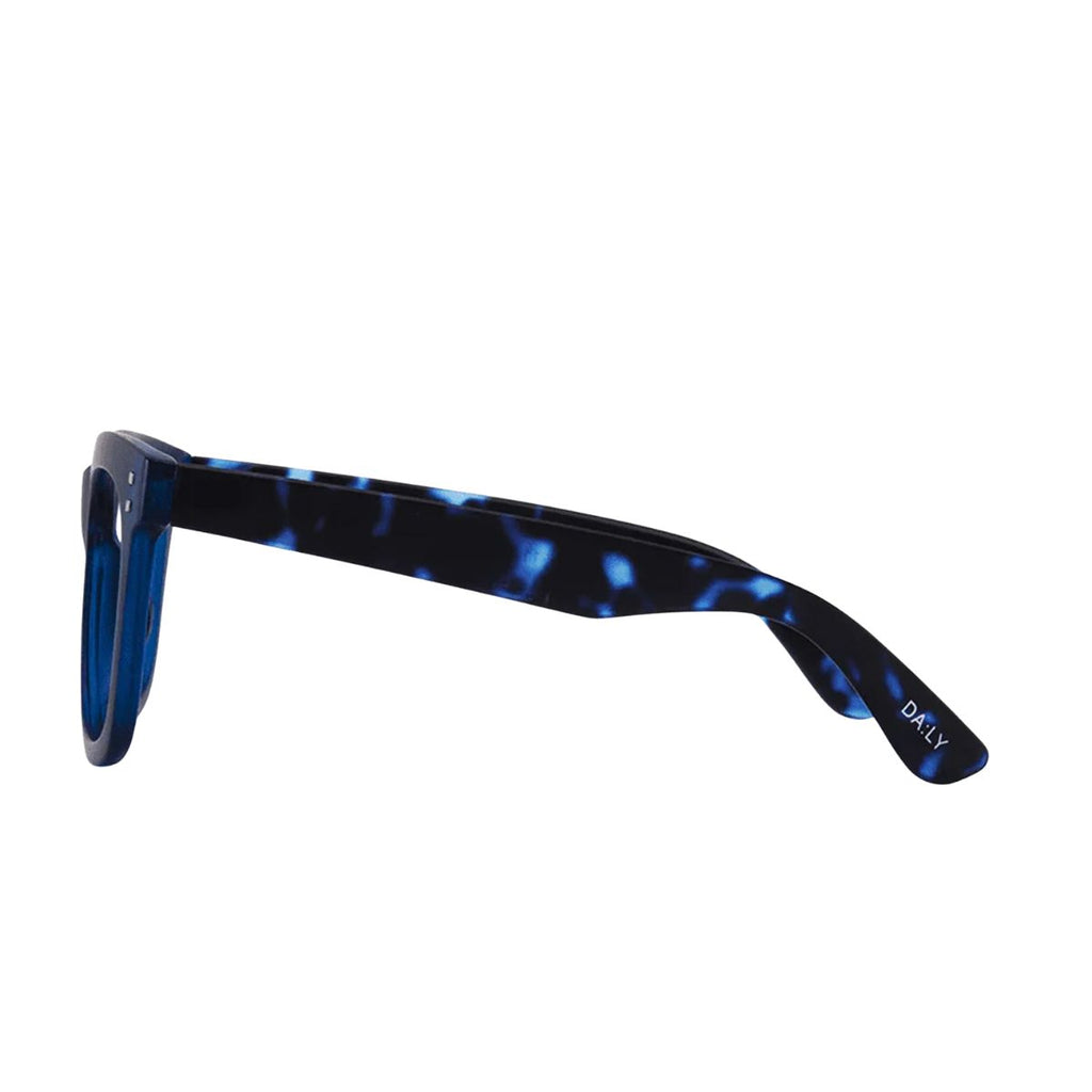 Blue tortoiseshell sunglasses with 'Daly' branding on a white background
